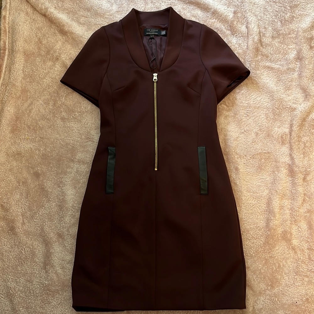 Ted Baker wine dress with leather accents zipper front 1